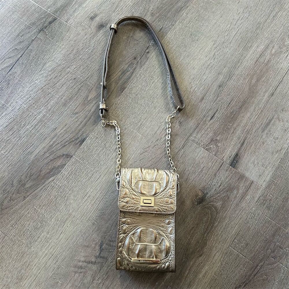 Brahmin Madison Chino Gold Croc Embossed Leather Crossbody Phone Case Organizer